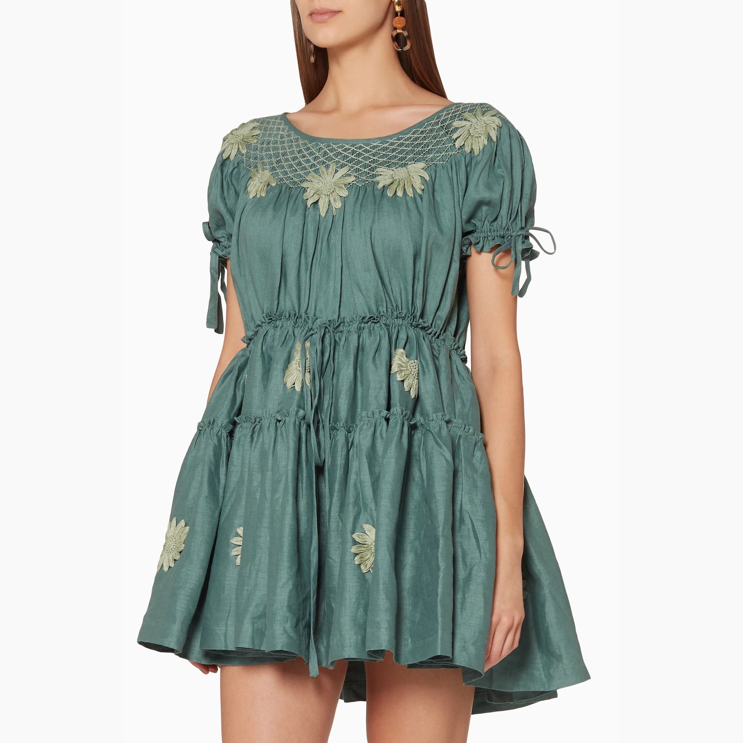 Innika Choo Green Mini Smock Embroidered Dress, One size only (good for S-M)