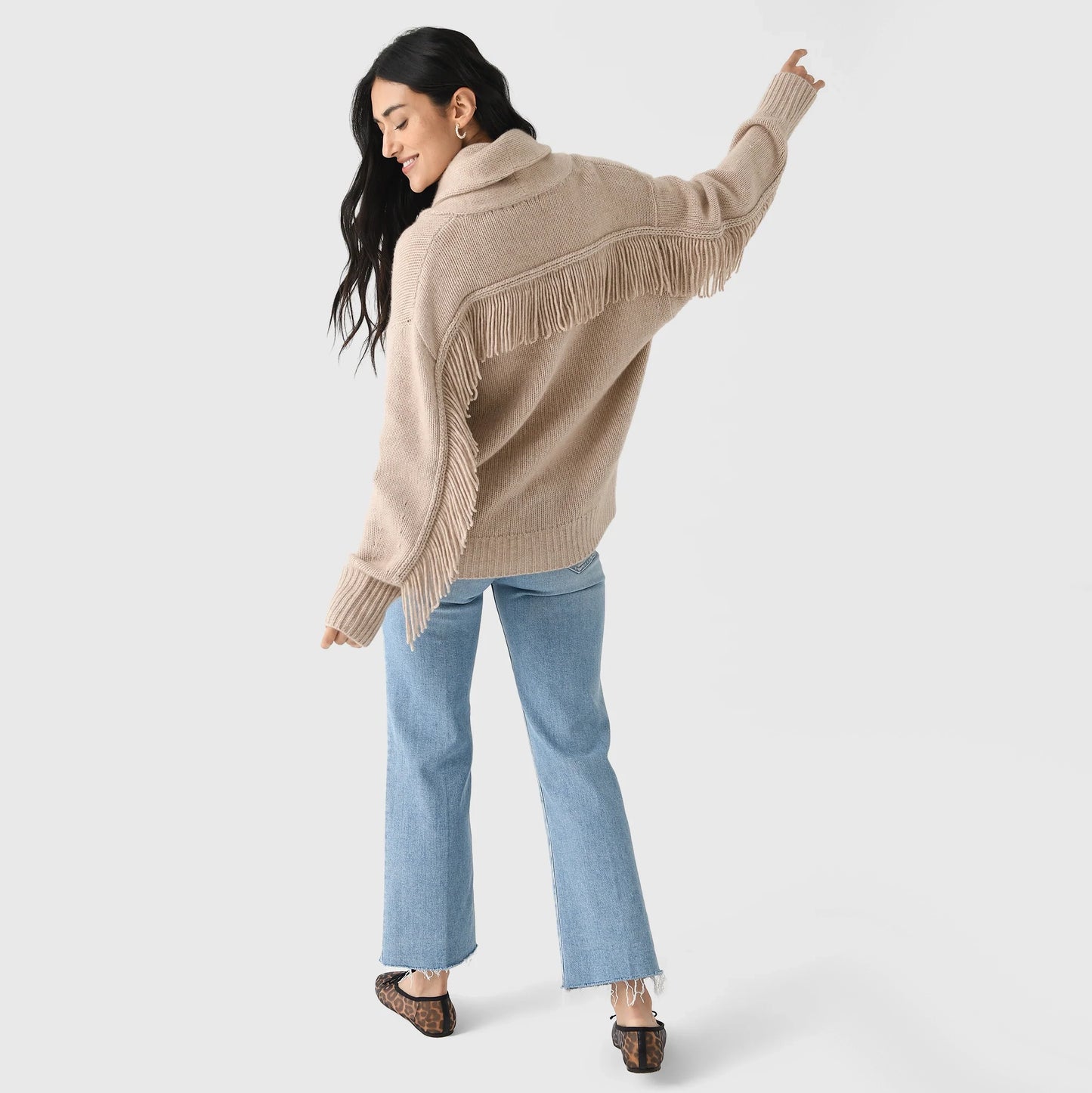 White + Warren Fringe Trim Wool/Cashmere Cardigan in Beige, size Medium