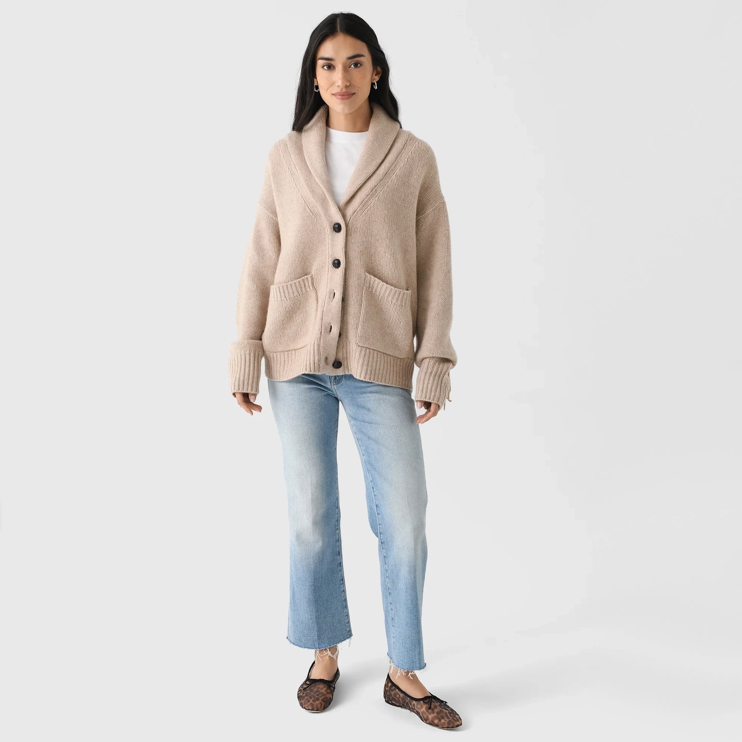 White + Warren Fringe Trim Wool/Cashmere Cardigan in Beige, size Medium