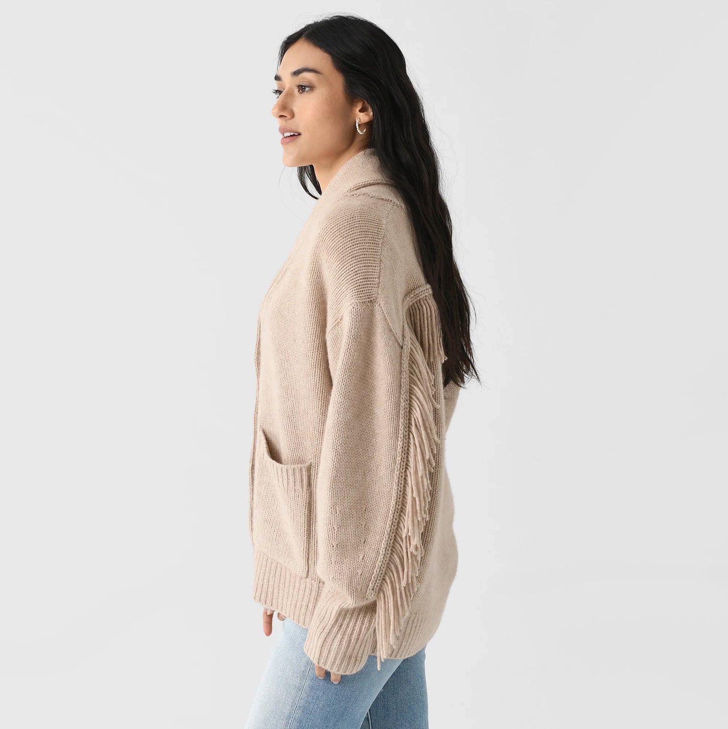 White + Warren Fringe Trim Wool/Cashmere Cardigan in Beige, size Medium