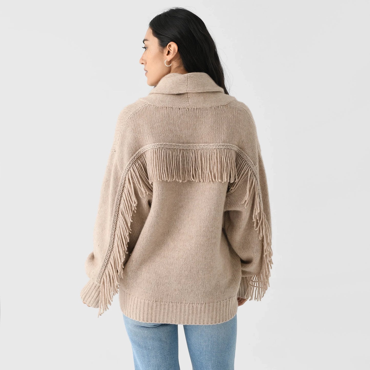 White + Warren Fringe Trim Wool/Cashmere Cardigan in Beige, size Medium