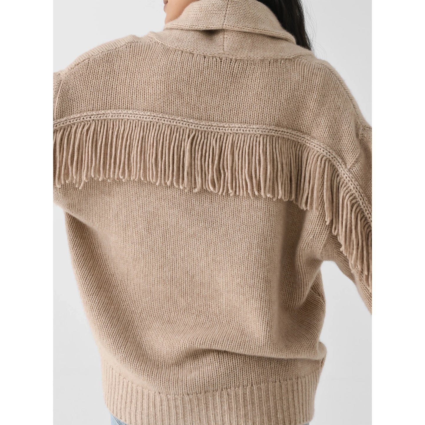 White + Warren Fringe Trim Wool/Cashmere Cardigan in Beige, size Medium