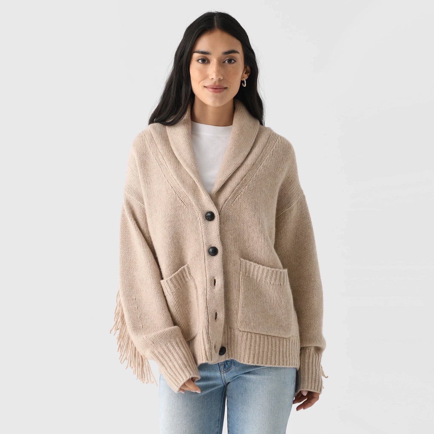 White + Warren Fringe Trim Wool/Cashmere Cardigan in Beige, size Medium