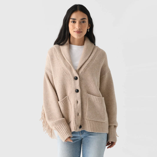 White + Warren Fringe Trim Wool/Cashmere Cardigan in Beige, size Medium