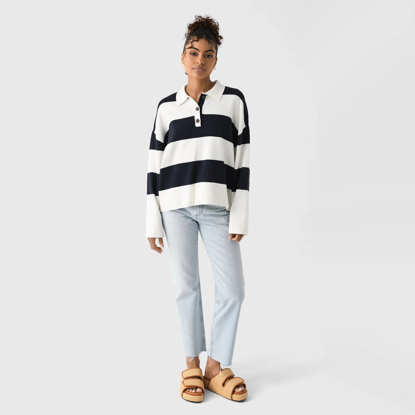 White & Warren Striped Rugby Shirt, Size Medium.