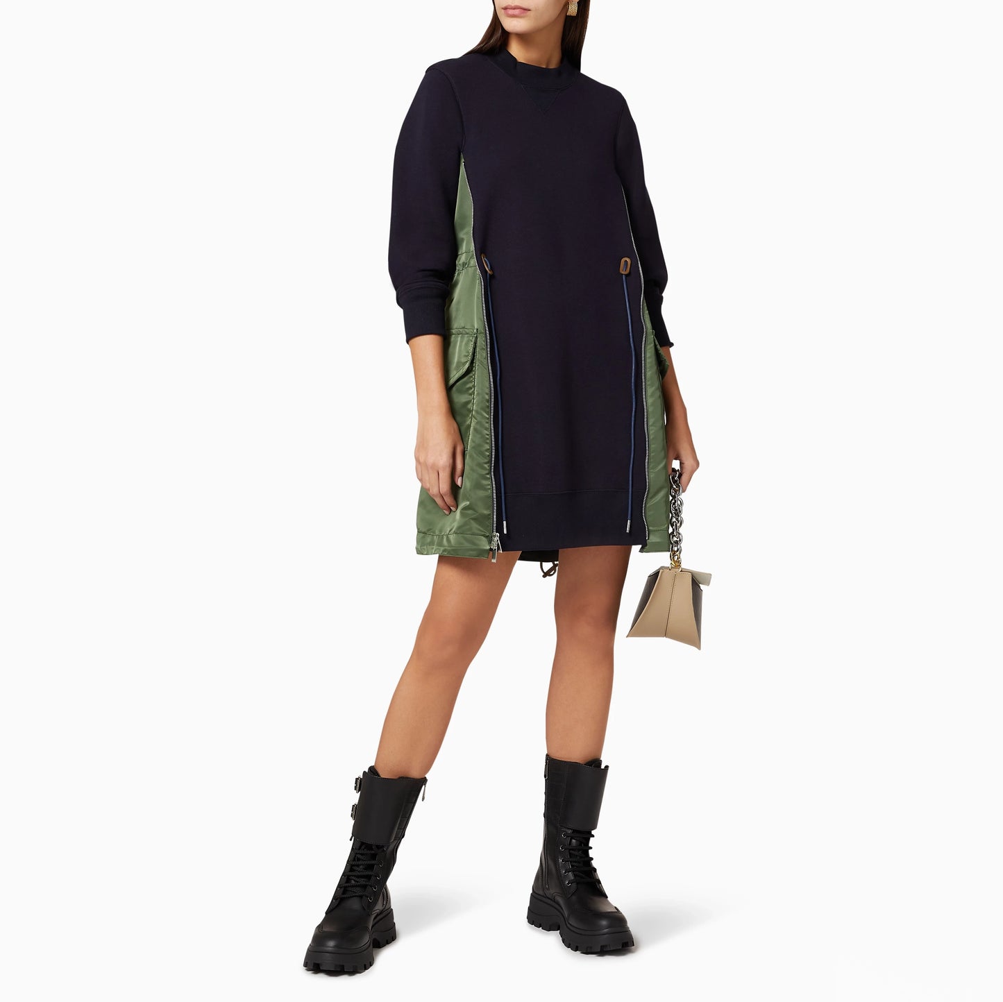 Sacai Sponge Sweat x Nylon Twill Dress in Navy/Khaki, size "4" (size M/L)