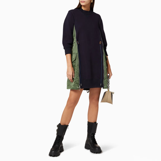 Sacai Sponge Sweat x Nylon Twill Dress in Navy/Khaki, size "4" (size M/L)