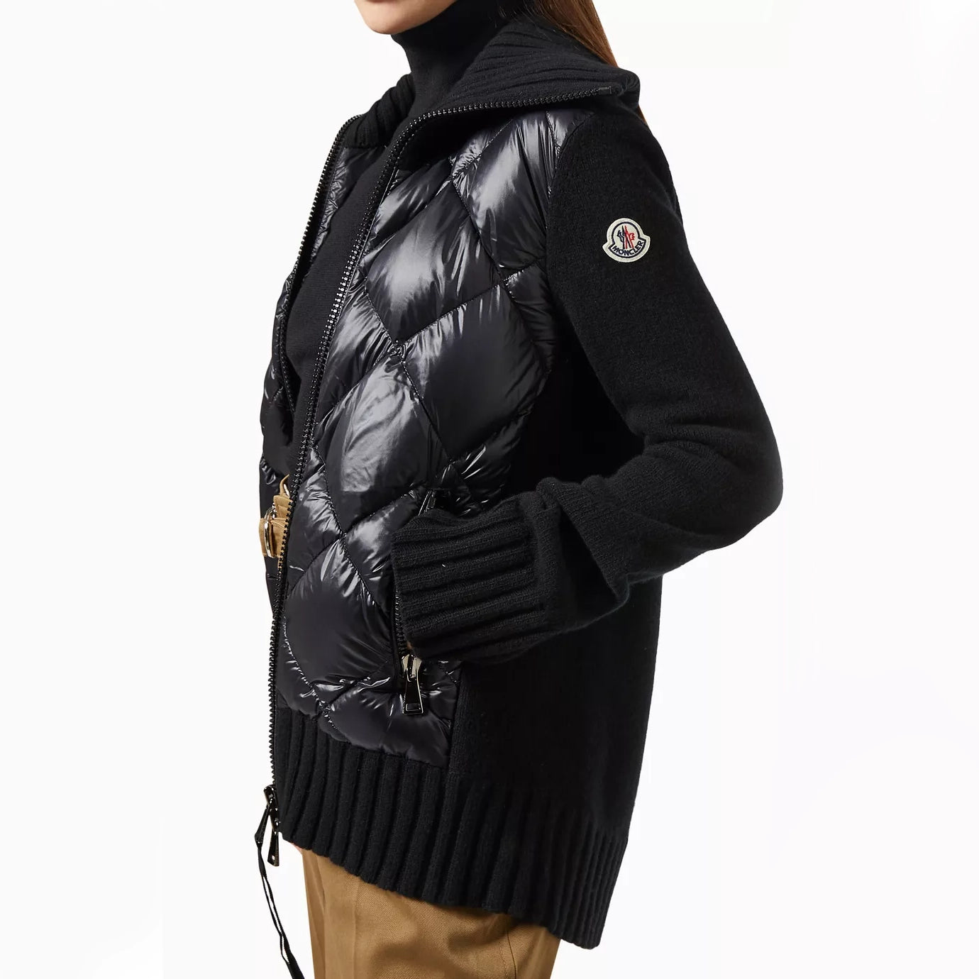 Moncler Quilted Panel Cardigan in Black, size Large
