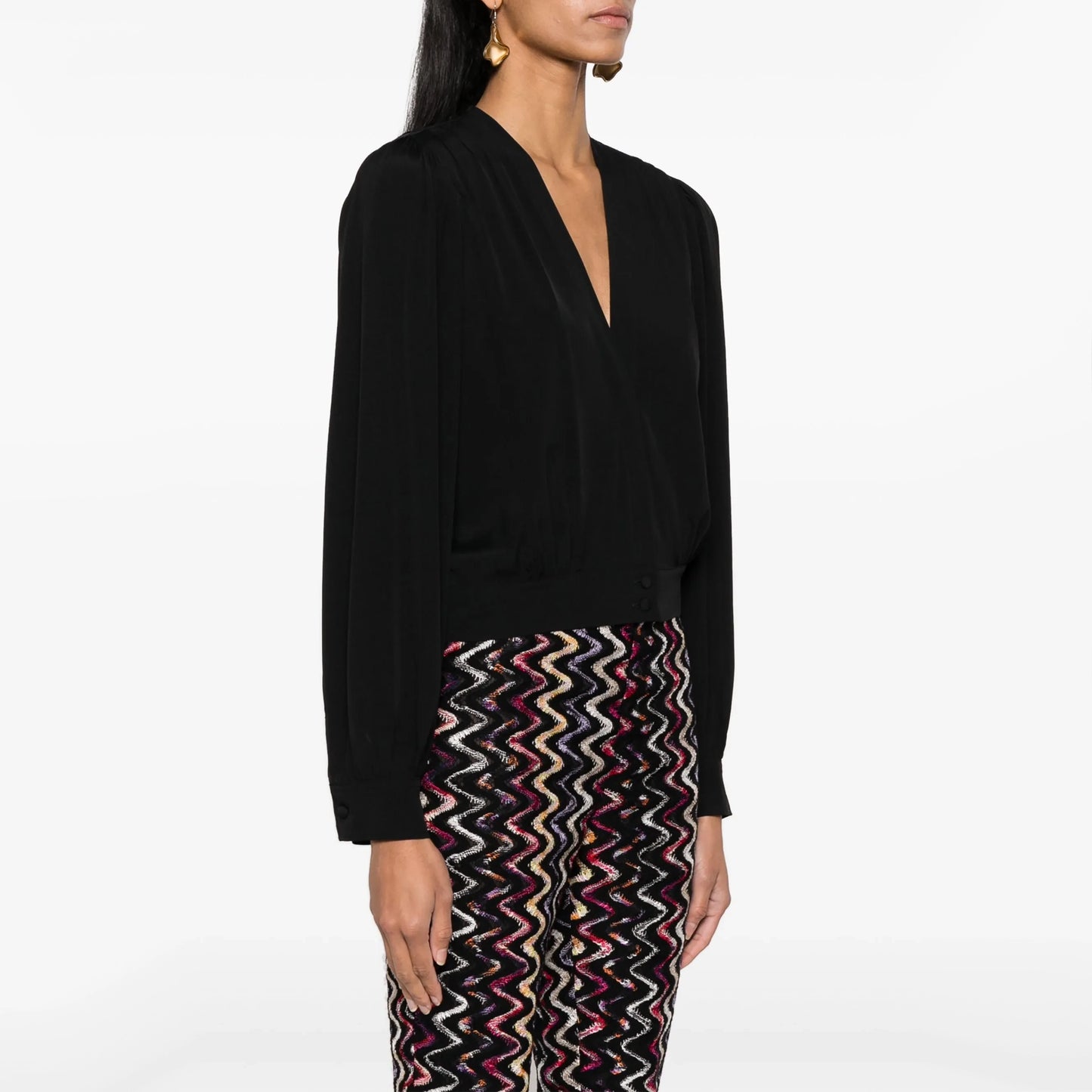 Forte_Forte Long Sleeve Silk Crepe V-Neck Blouse in Black, size "0" (XS)