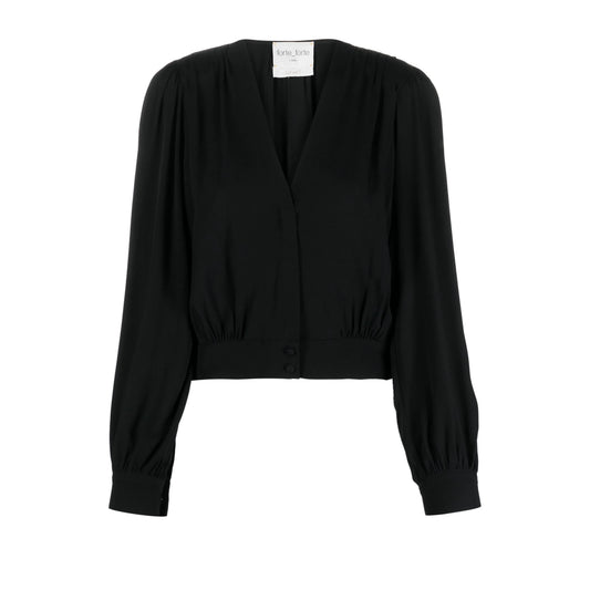 Forte_Forte Long Sleeve Silk Crepe V-Neck Blouse in Black, size "0" (XS)