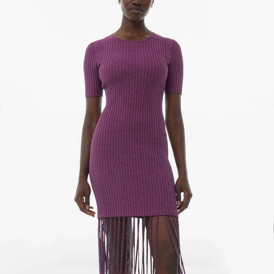 Ganni Ribbed Knit Dress w Fringe Hem in Red, size Small