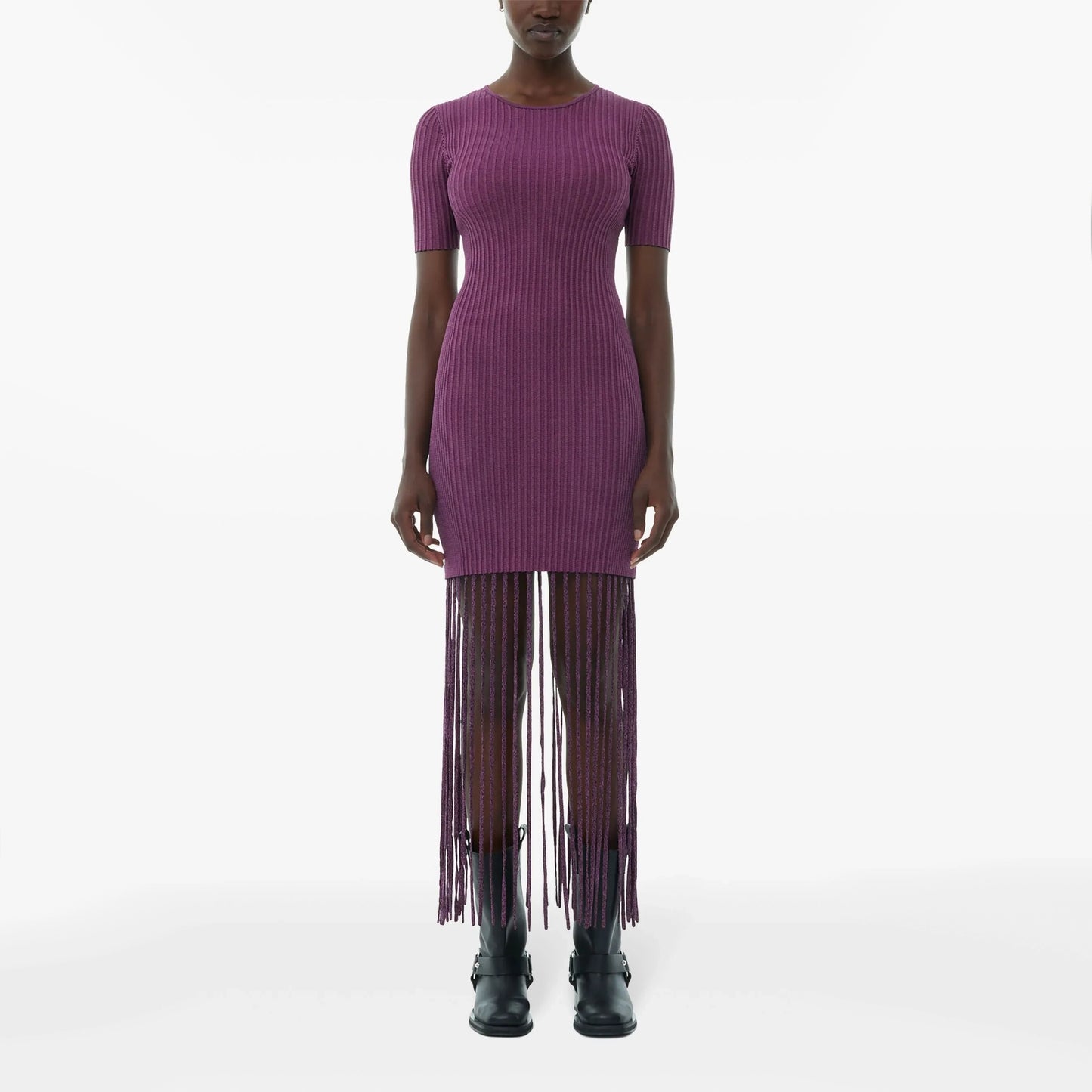 Ganni Ribbed Knit Dress w Fringe Hem in Red, size Small