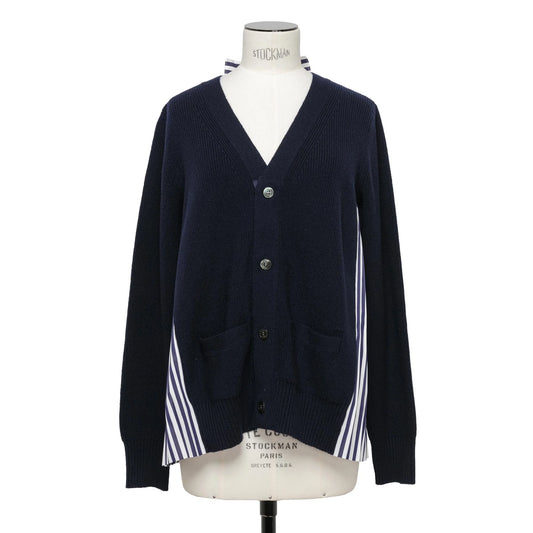 Sacai Wool Knit x Cotton Poplin Cardigan in Navy/Navy Stripe, size "4"