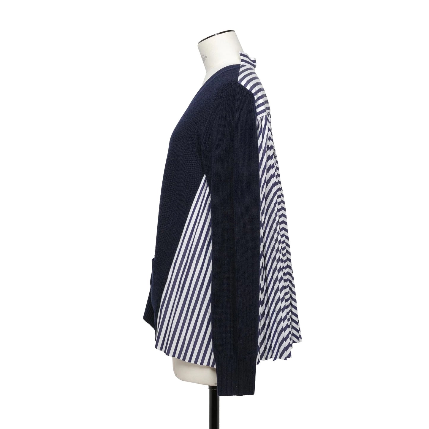 Sacai Wool Knit x Cotton Poplin Cardigan in Navy/Navy Stripe, size "4"
