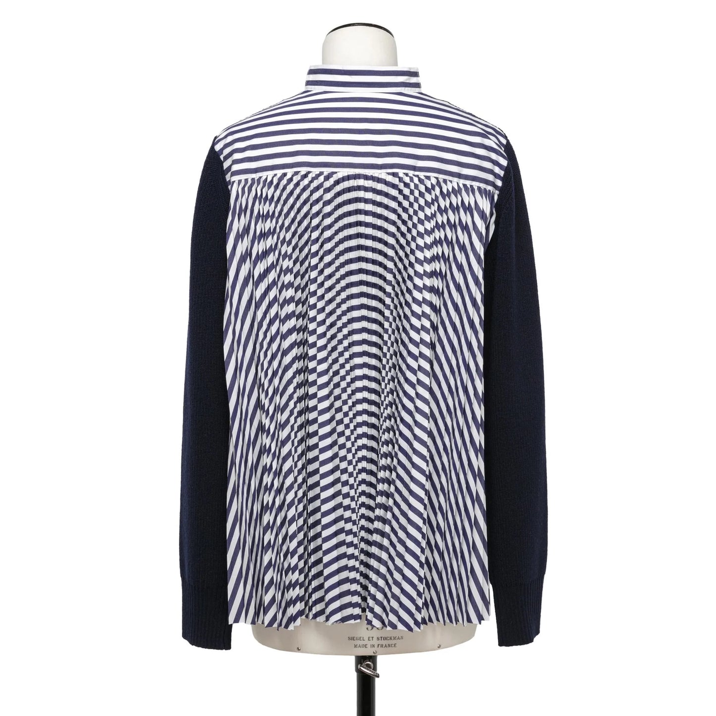 Sacai Wool Knit x Cotton Poplin Cardigan in Navy/Navy Stripe, size "4"