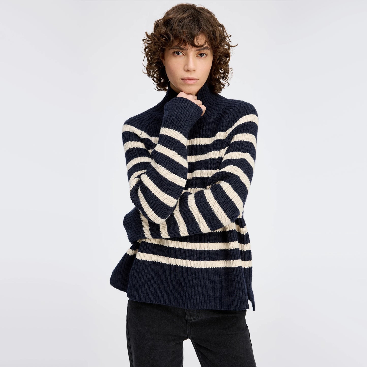 The Simple Studio x Munthe Striped "Arissa" Cotton Knit in Navy/Ivory, size 36