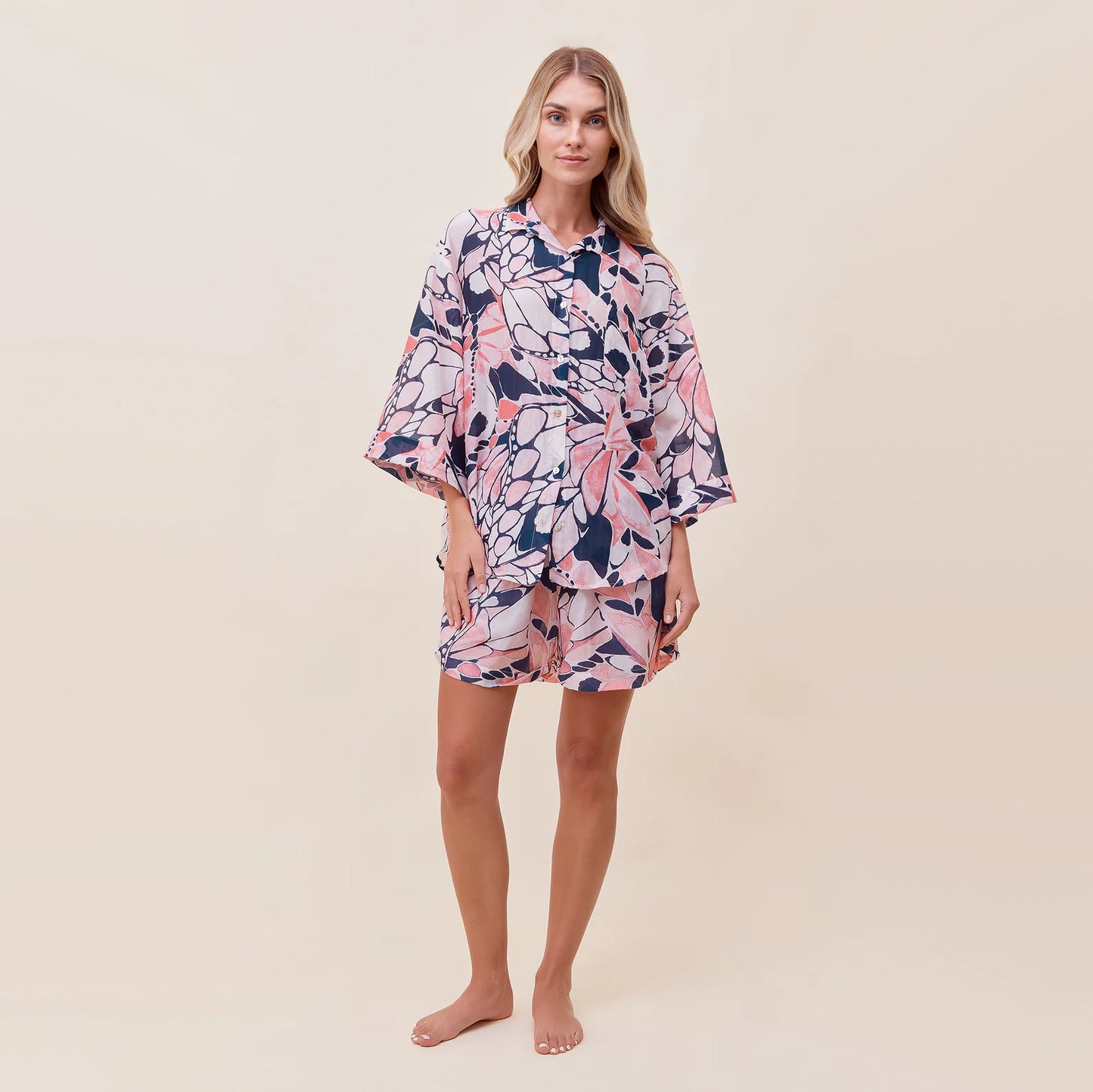 Papinelle 2-Piece PJ Set in Pink/Navy Papillon Print, size Medium
