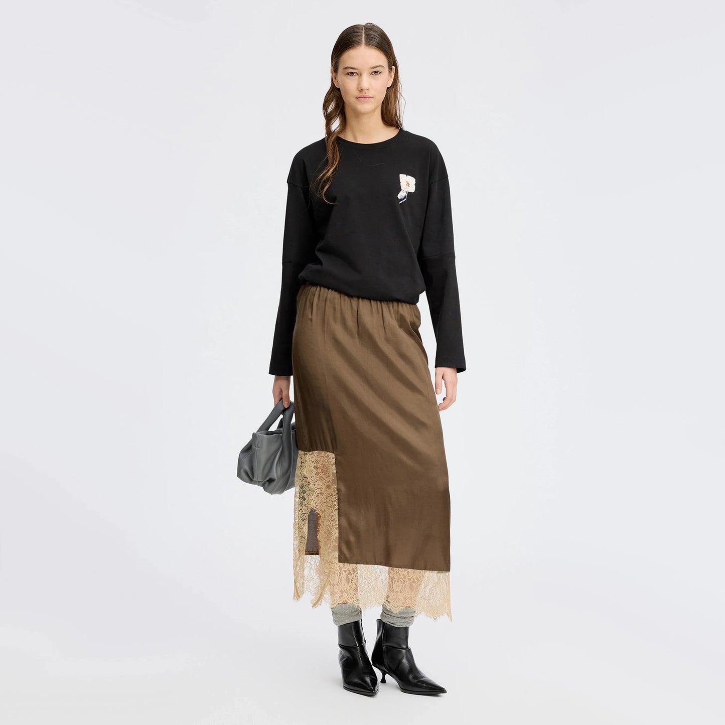 Munthe "Ravin" Slip Skirt w Lace in Brown, size 34