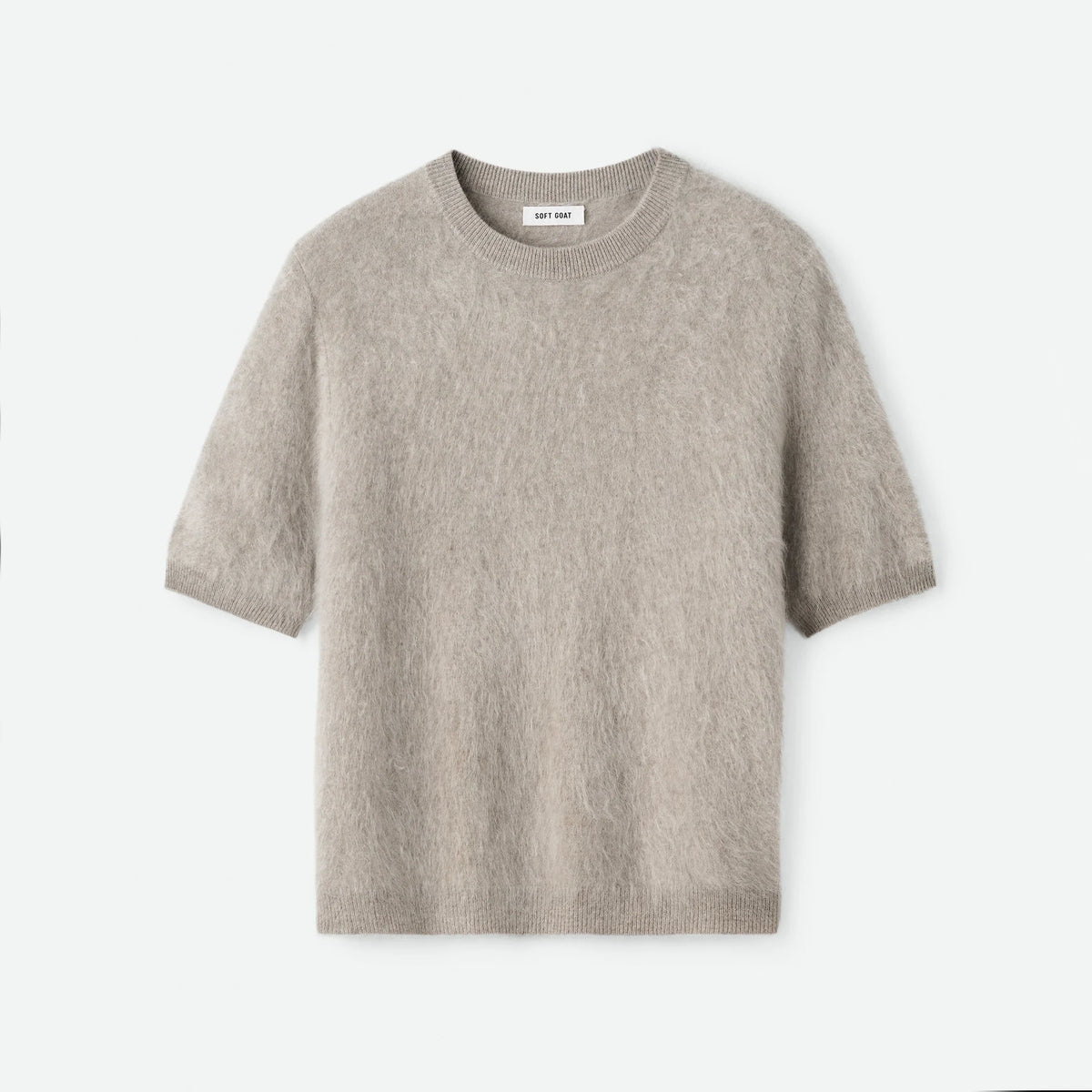 Soft Goat Short Sleeve Brushed Cashmere Sweater in Grey/Beige, size Medium
