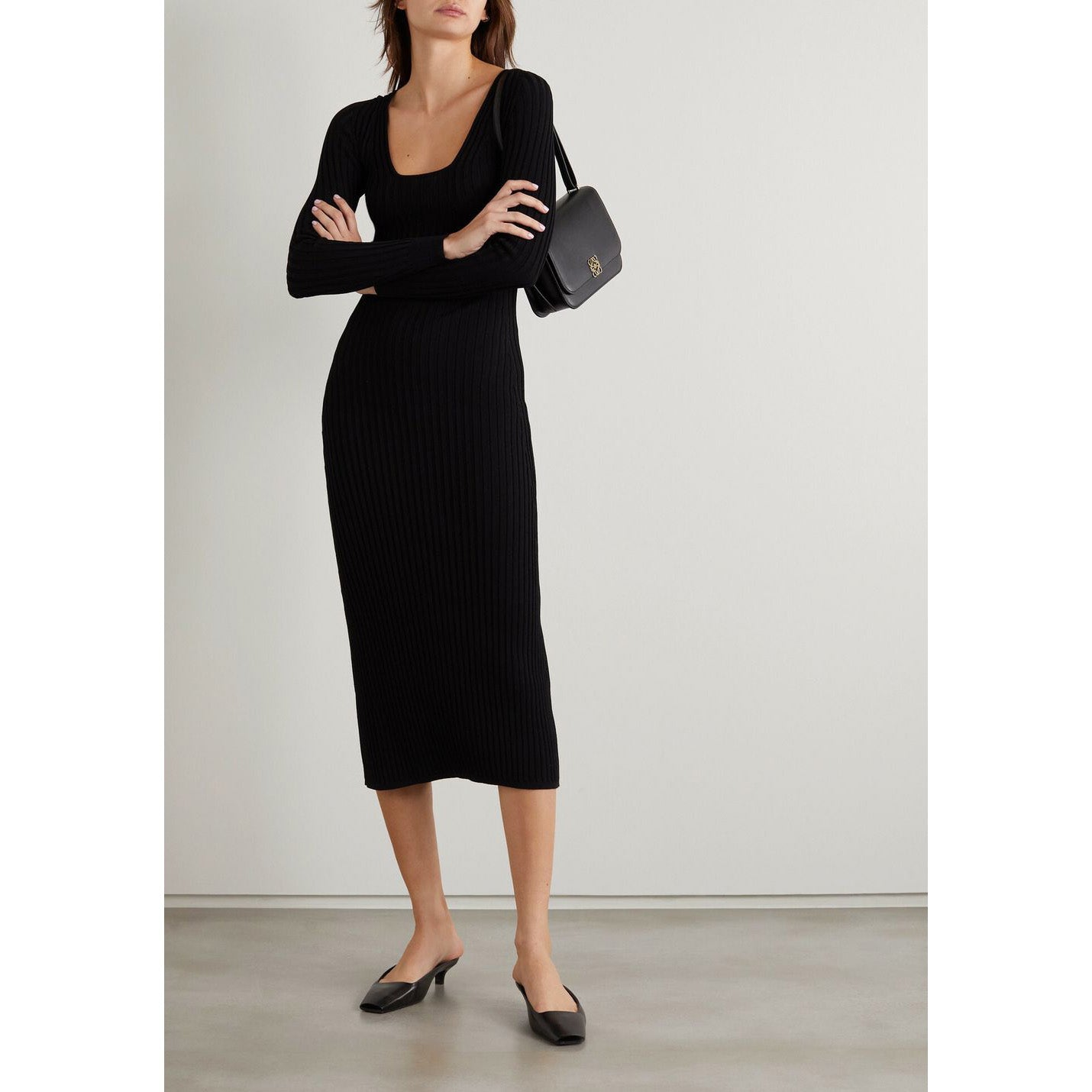 CAES Open-Back Ribbed-Knit Midi Dress in Black, size Large (fits M/L)