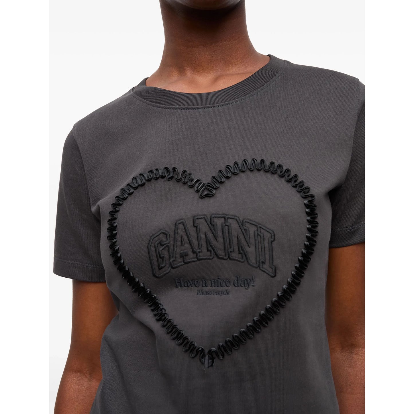 GANNI "Heavy Heart" Tonal Logo Tee in "phantom", size XL (fits Large)