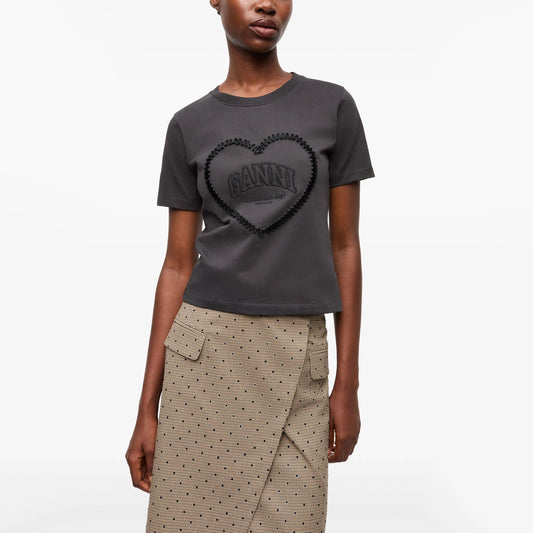 GANNI "Heavy Heart" Tonal Logo Tee in "phantom", size XL (fits Large)