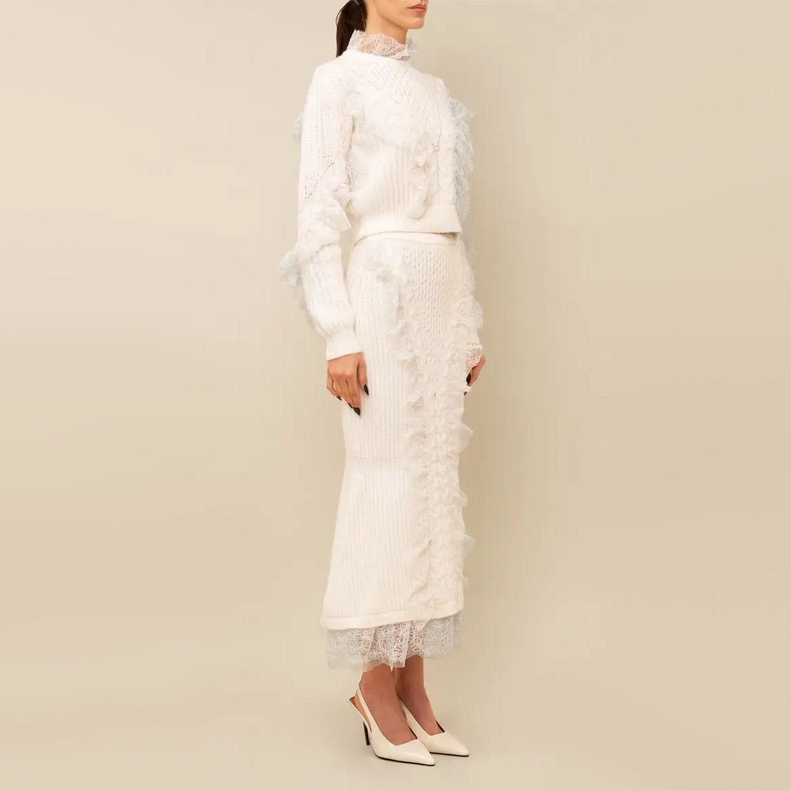 Contessa Mills "Wildes" Soft Warm Lace-Trimmed Wool Knit Skirt in Ivory, size Small