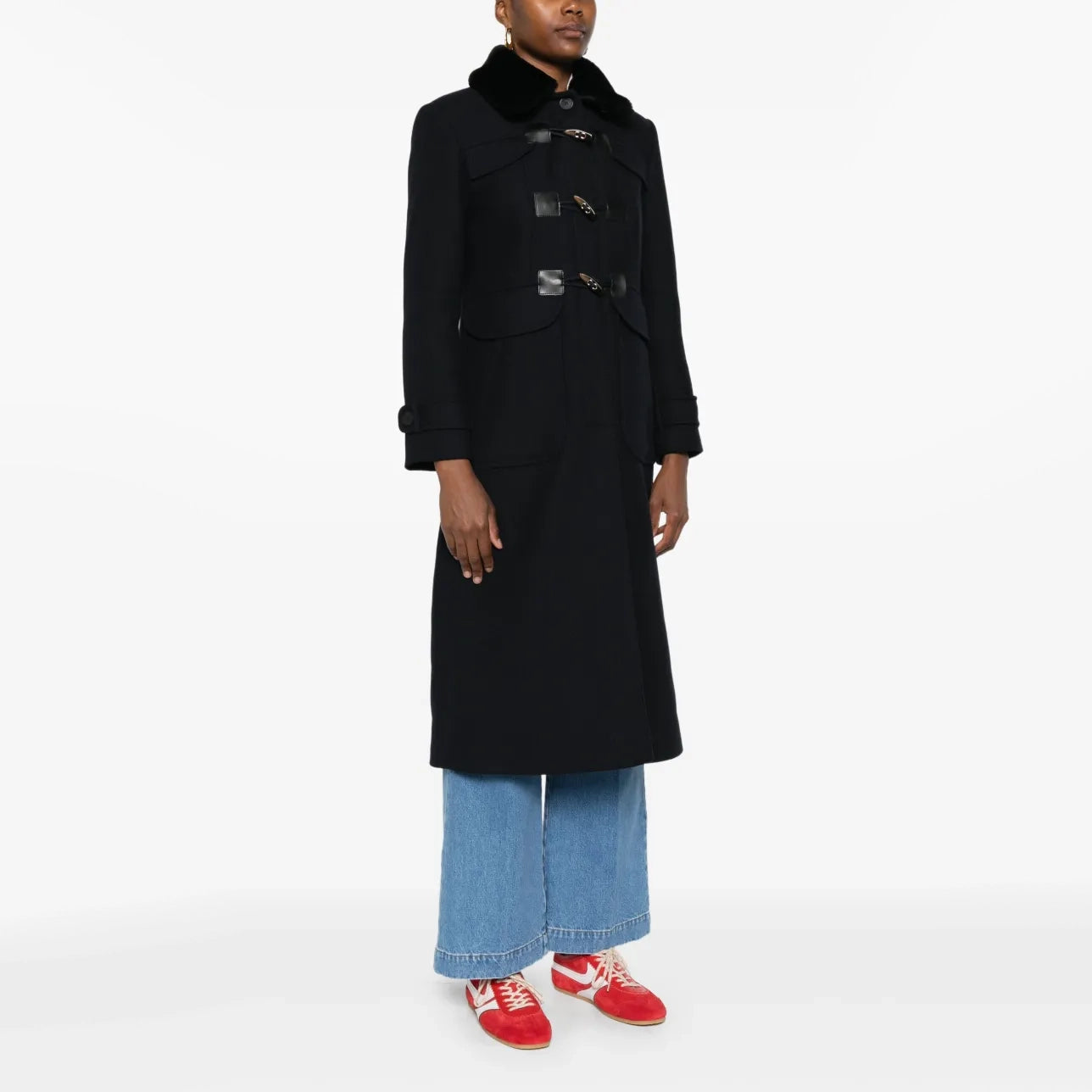 Sandro Toggle Button Coat with Shearling Collar in Navy, Size 38