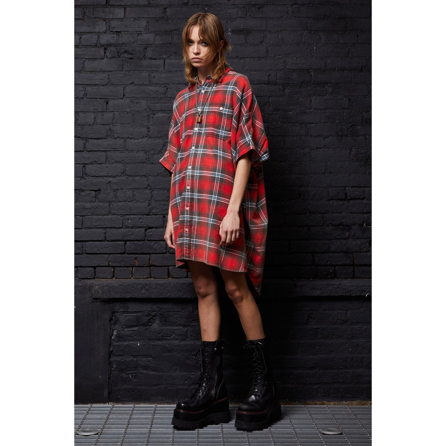 R13 Oversize Plaid Shirtdress in Red, size XXS (fits oversize)