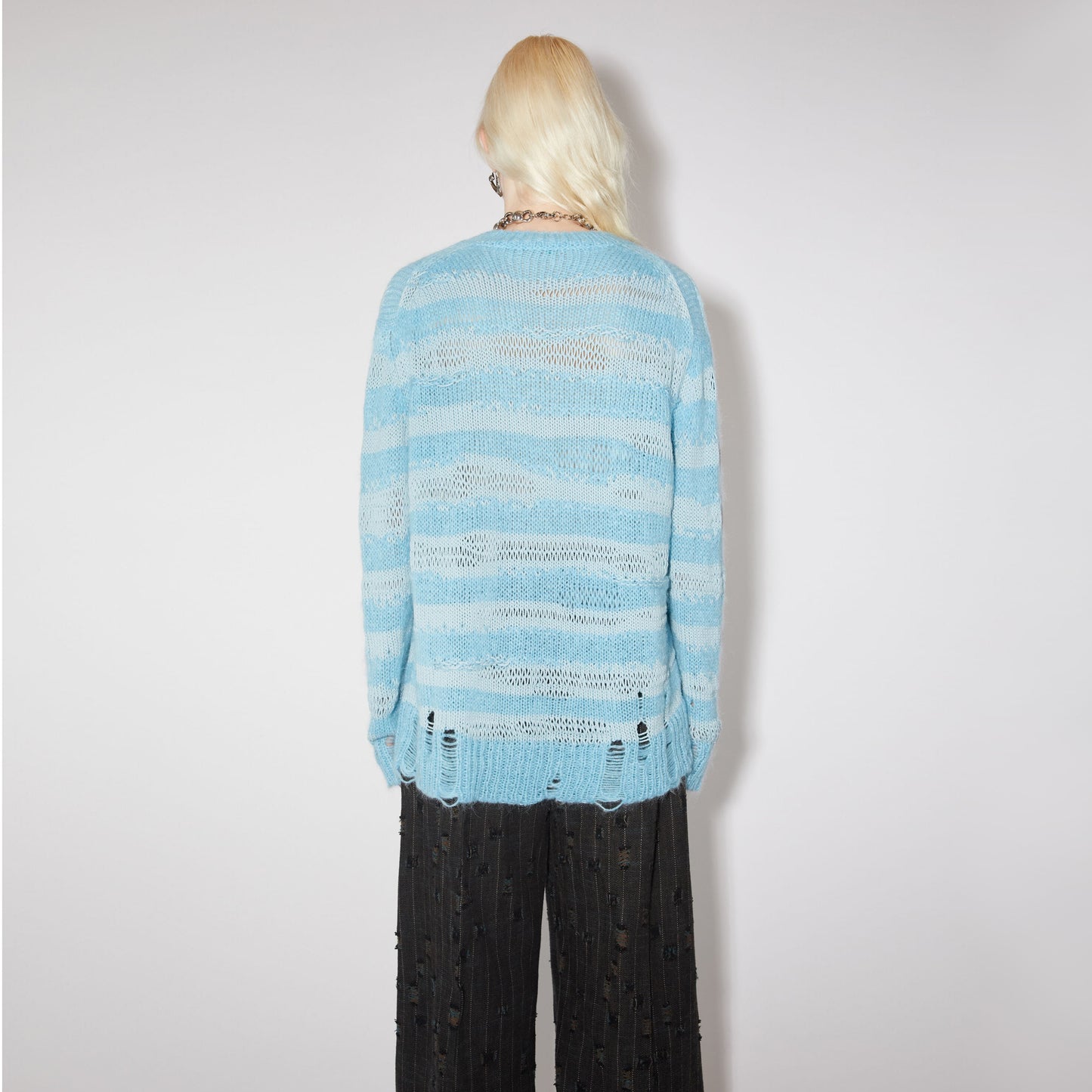 Acne Distressed Stripe Knit in Sky Blue/Powder Blue, size Small
