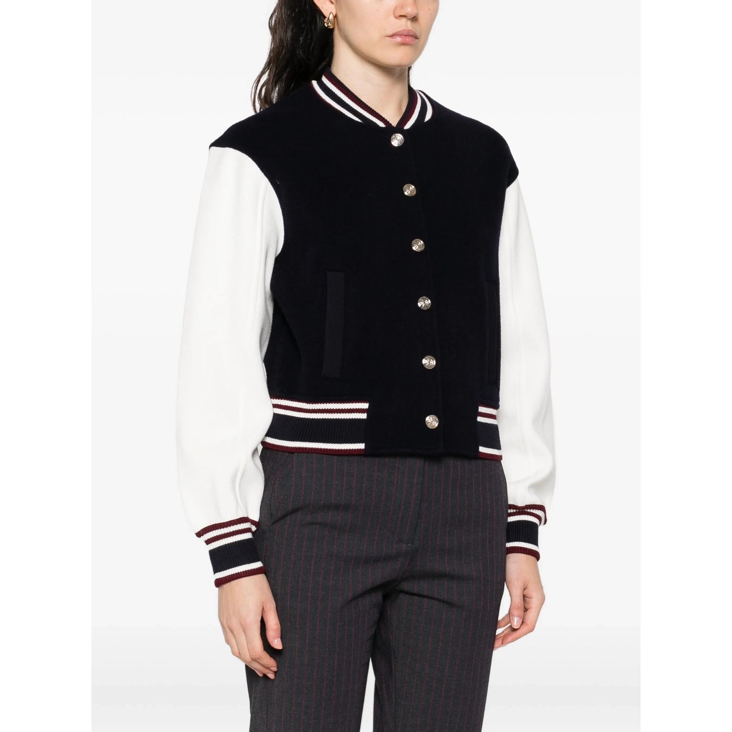 Maje Varsity Jacket in Navy/White, size 36 (fits size small)