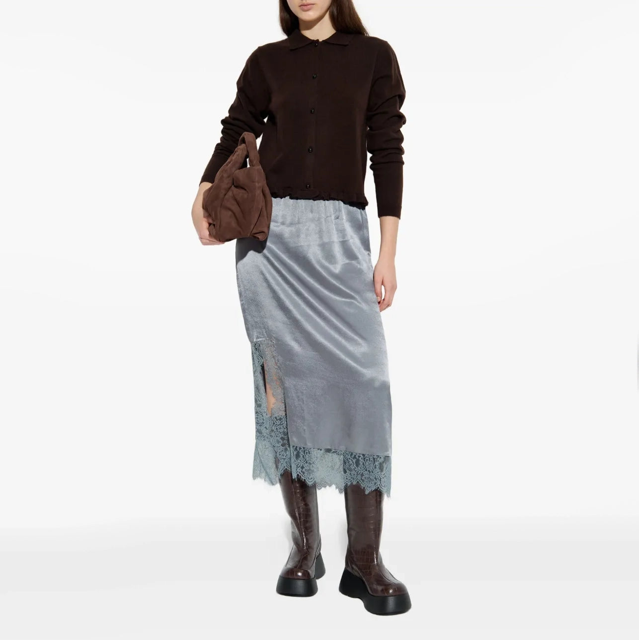 Munthe "Ravin" Slip Skirt w Lace in Grey, size 34