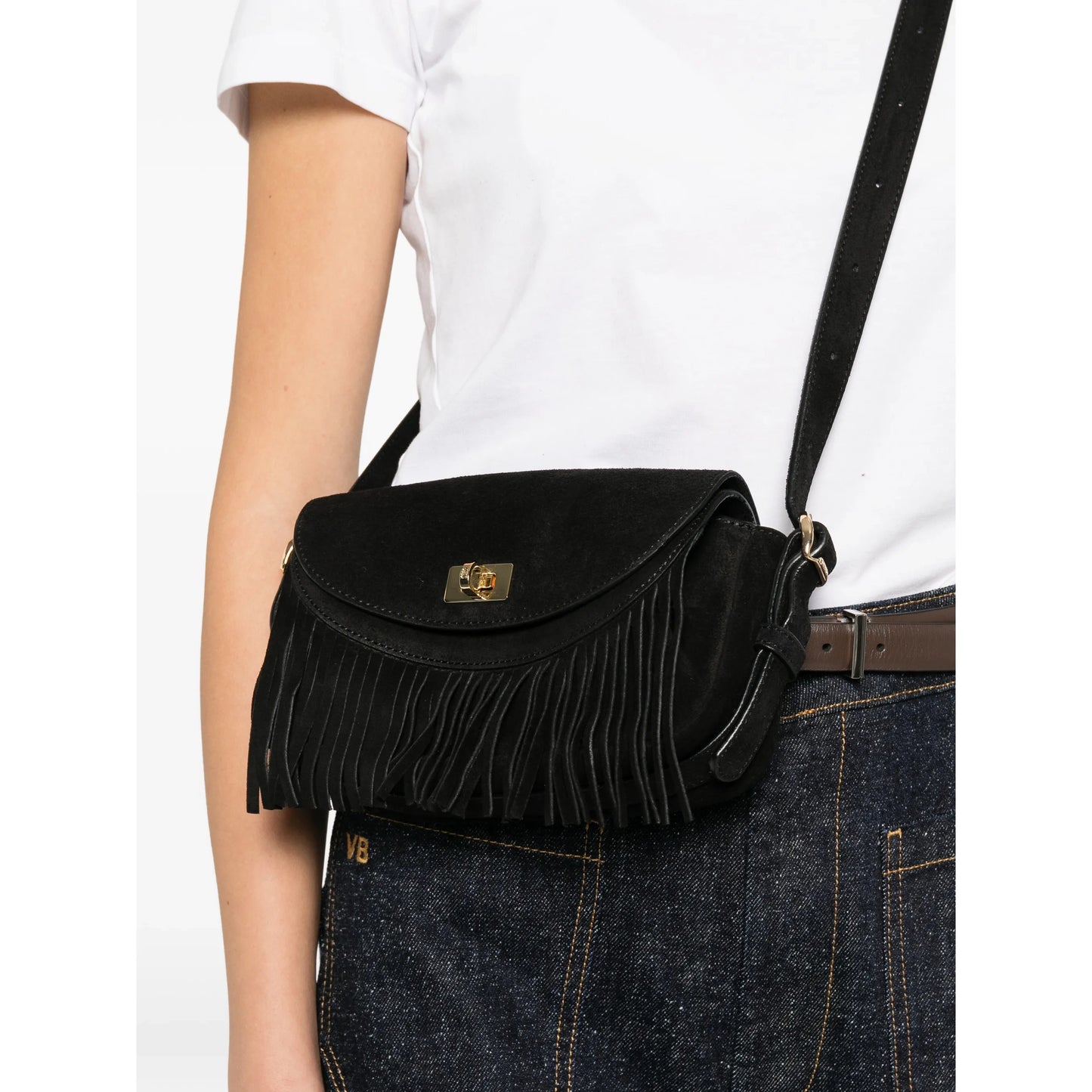 Sandro "Mini Mambo" Fringed Suede Bag in Black