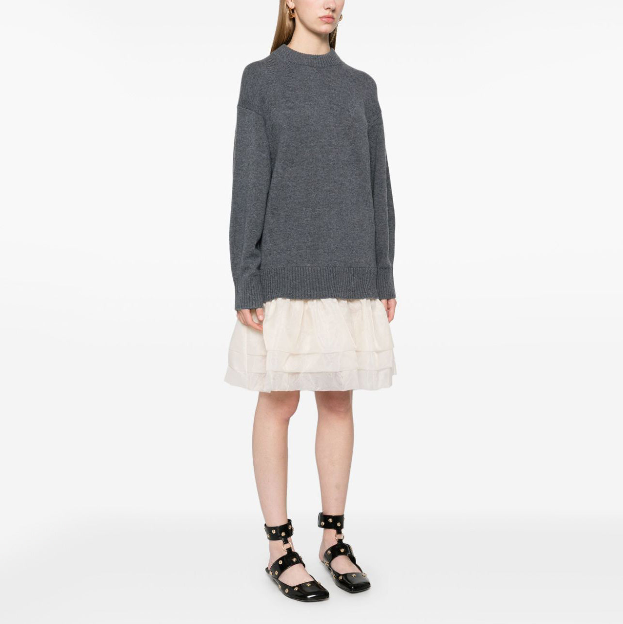 Maje Wool-organza Dual-Fabric Dress in Grey/Cream, size 40 (fits M/L)
