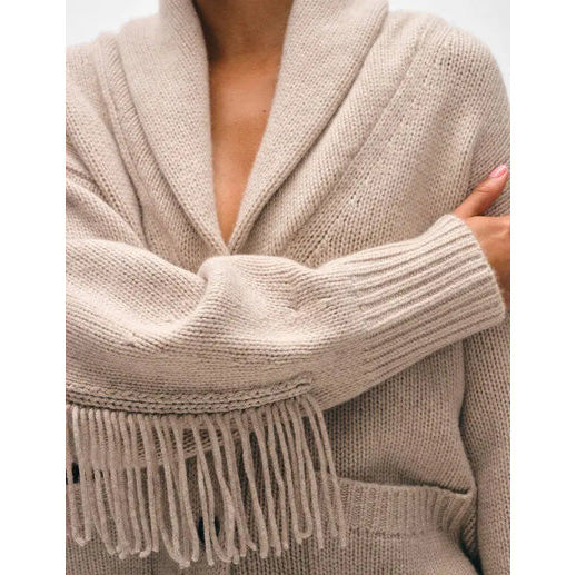 White + Warren Fringe Trim Wool/Cashmere Cardigan in Beige, size Medium