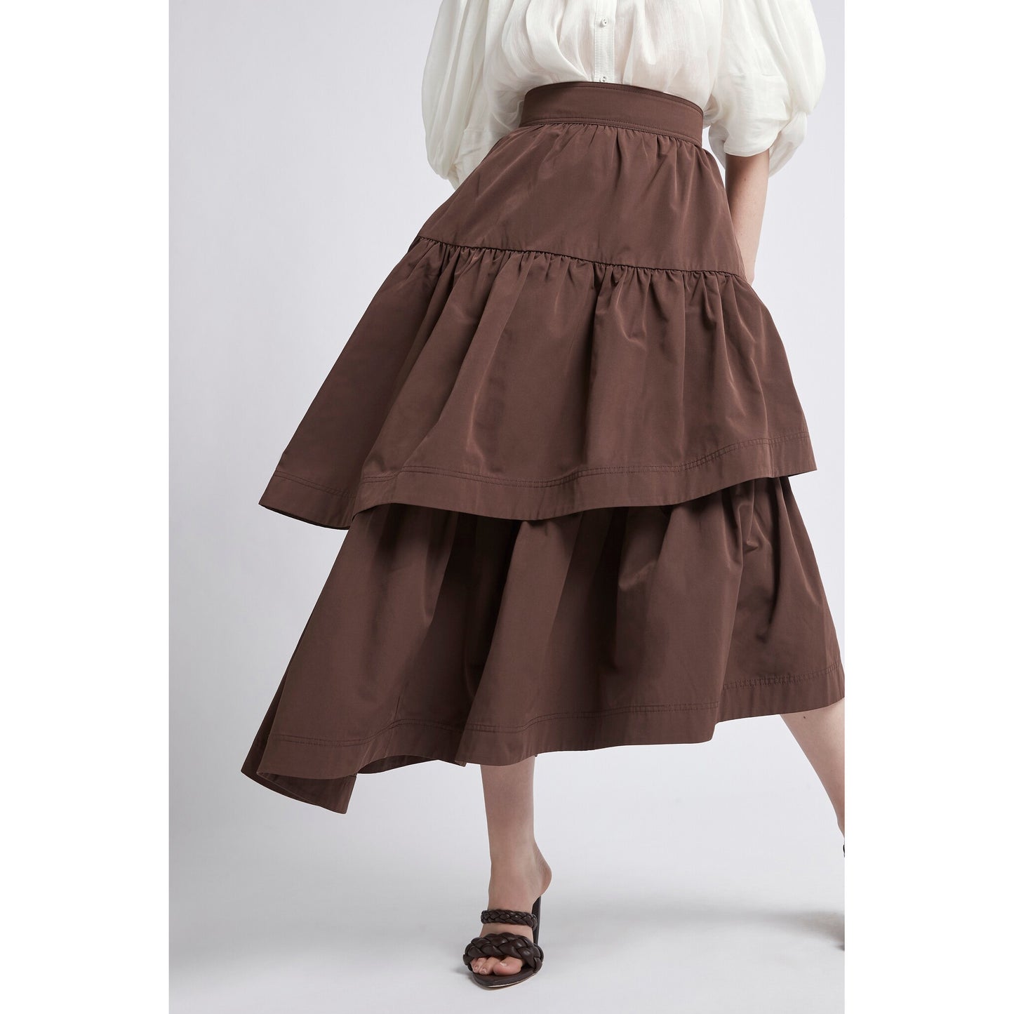 AJE Tiered Midi Skirt in Brown, size 8US/12UK
