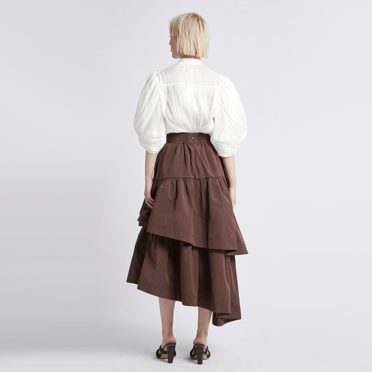 AJE Tiered Midi Skirt in Brown, size 8US/12UK