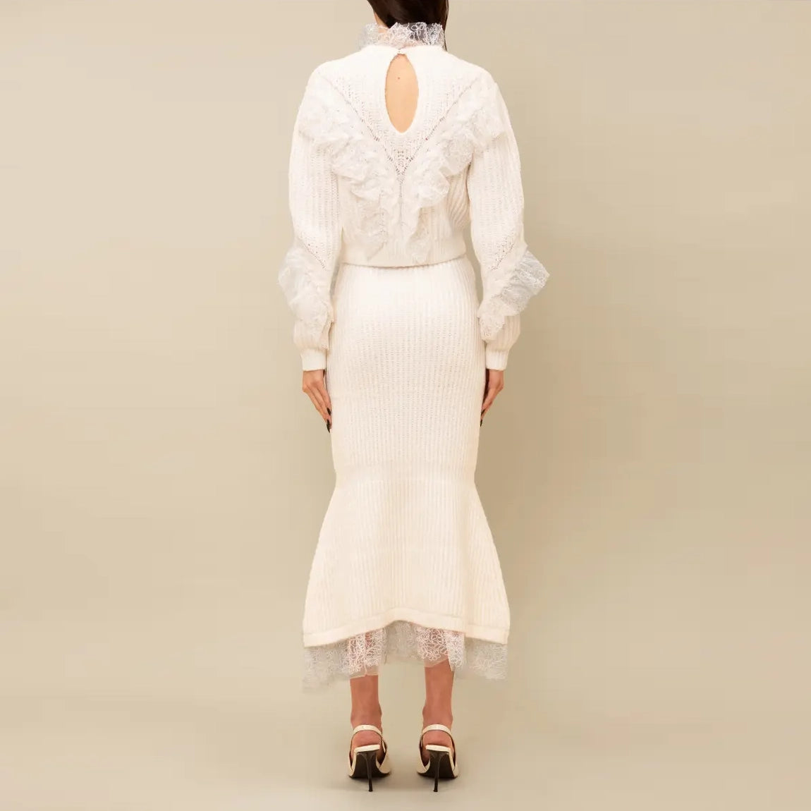 Contessa Mills "Wildes" Soft Warm Lace-Trimmed Wool Knit Skirt in Ivory, size Small