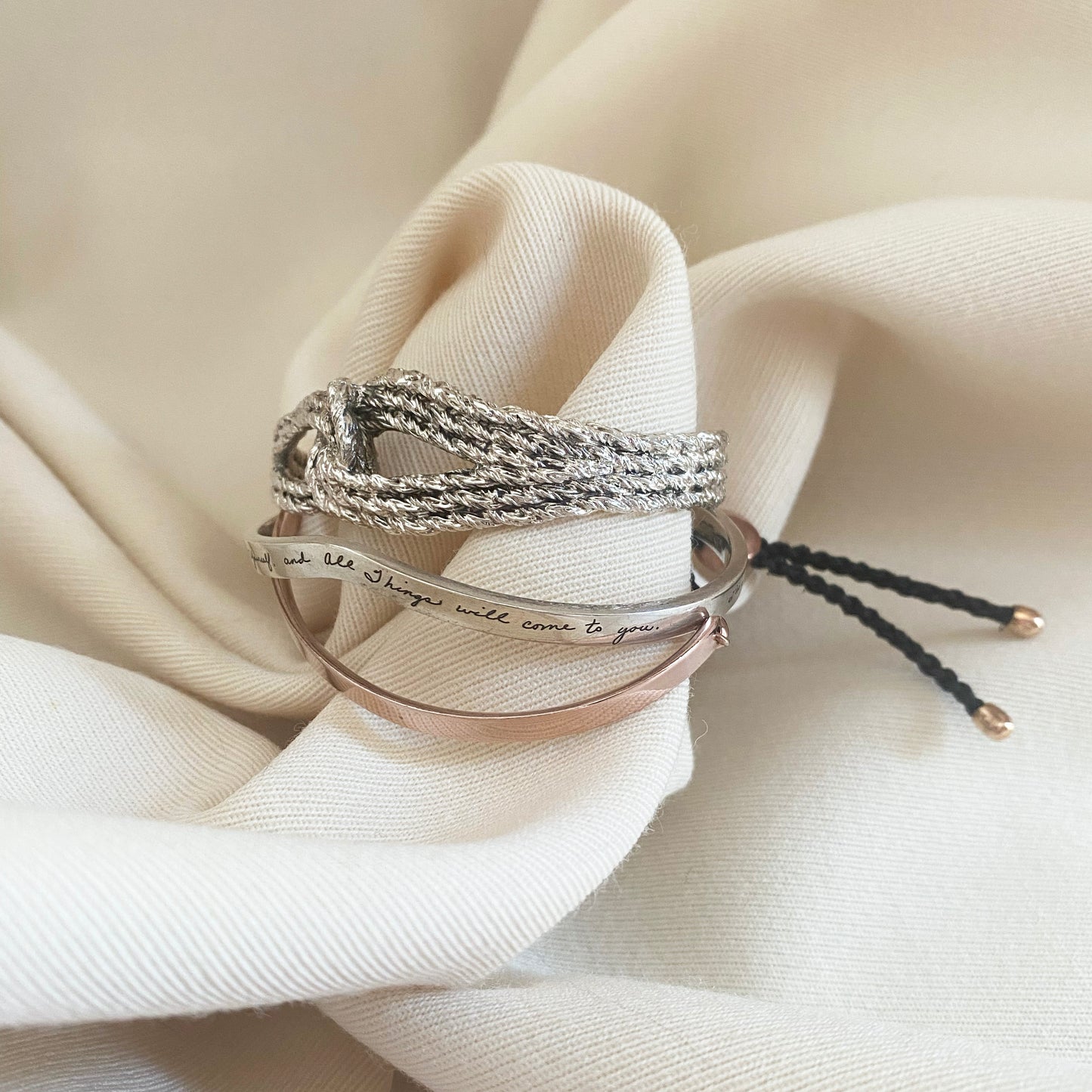 Aurelie Bidermann Silver "Lasso" Cuff, BB Becker Silver Bracelet, and Monica Vinader Friendship Braclelet