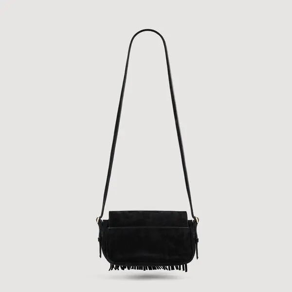 Sandro "Mini Mambo" Fringed Suede Bag in Black