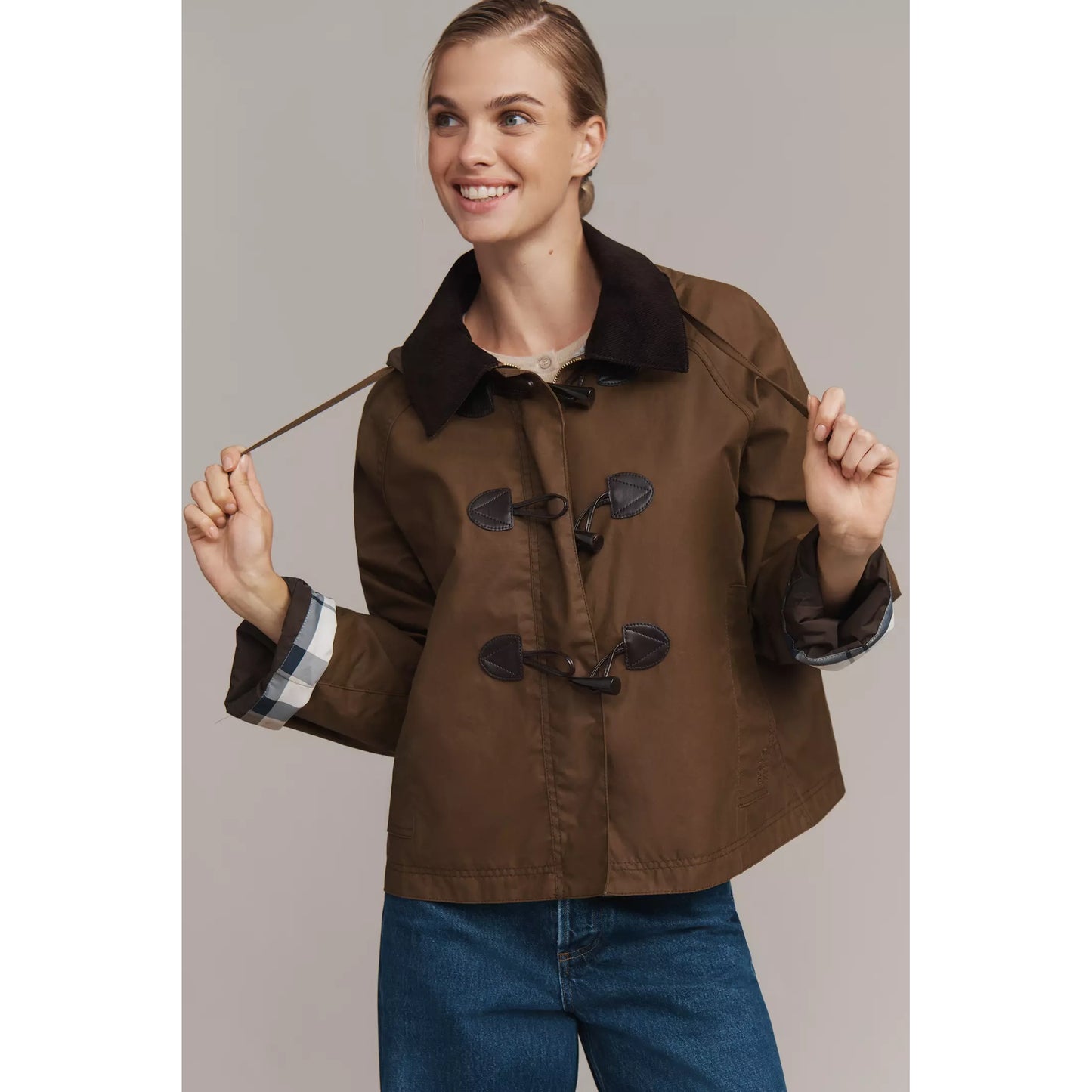 Barbour "Myla" Waxed Duffle Jacket in Brown, size 4US/8UK