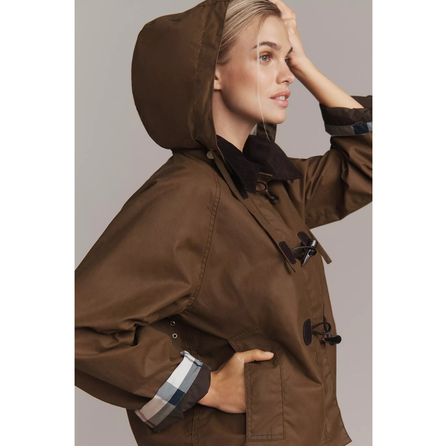 Barbour "Myla" Waxed Duffle Jacket in Brown, size 4US/8UK