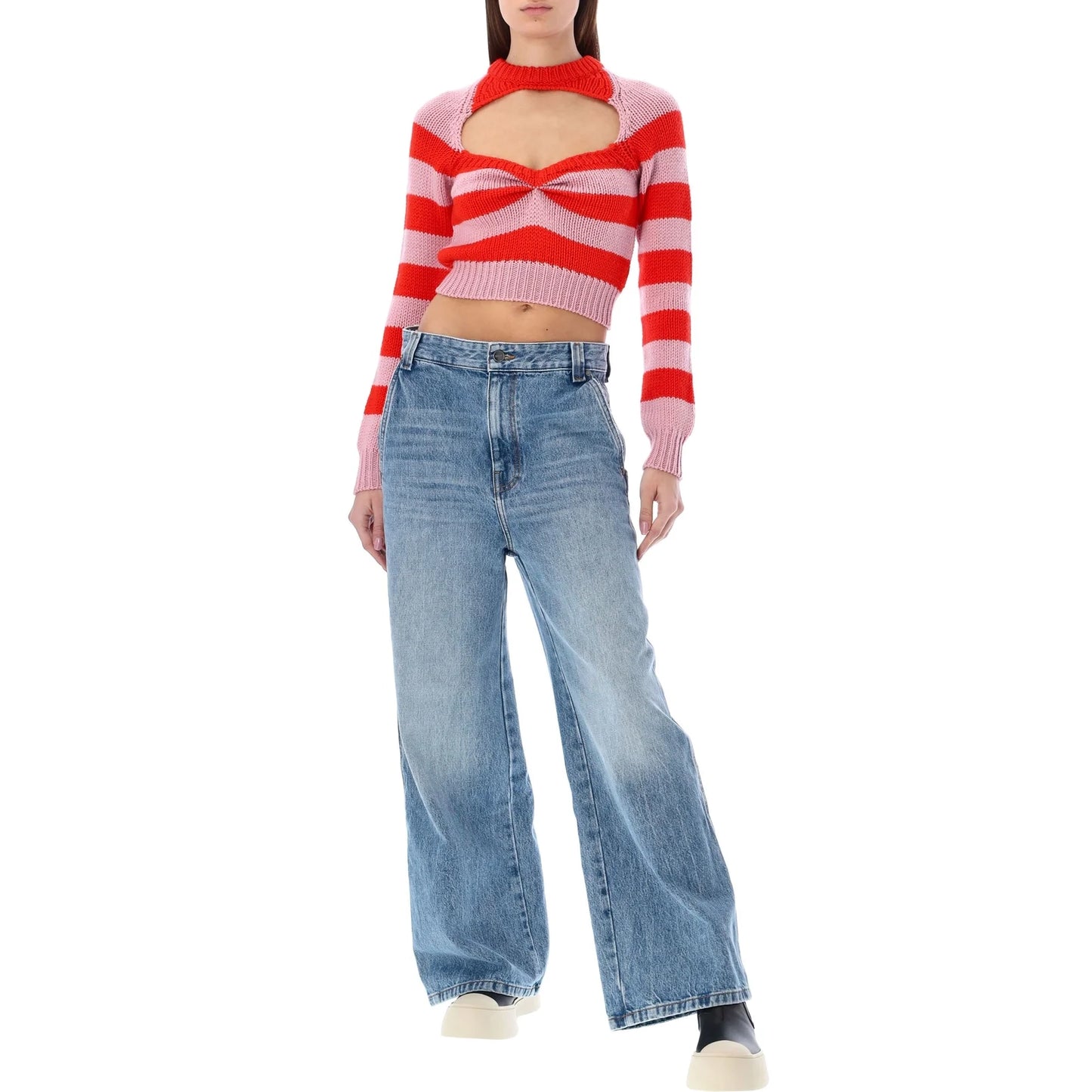 Marni Striped Crop Sweater in Red/Pink, size 42 (fits size small)