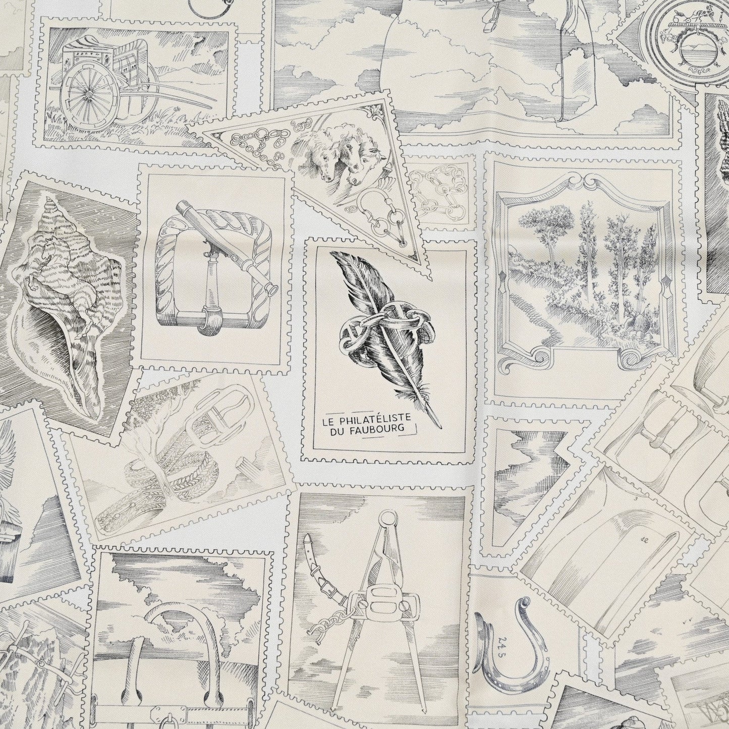 Hermes Le Philateliste du Faubourg scarf 90 in "gris / parchemin / blanc"