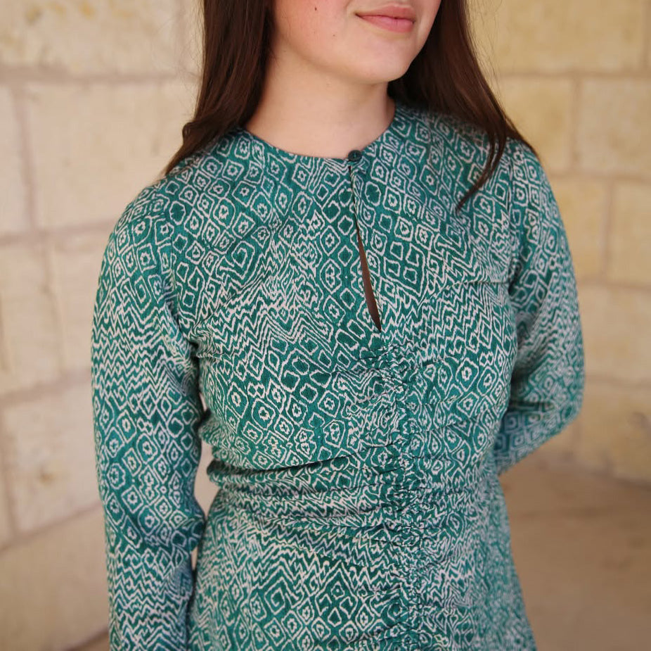 Maria Cher "Moldes Bell" Short Dress in "Emerald Shibory", size Large