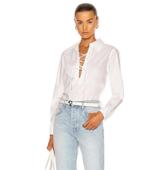 Nili Lotan White Poplin Lace Up Shirt, size XS (fits oversize - up to a Medium)