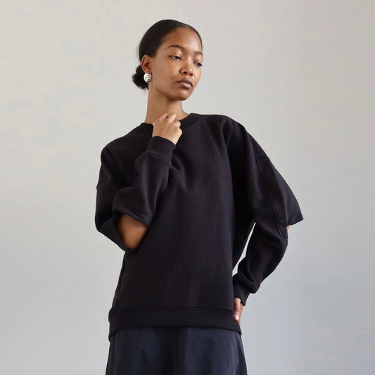 Tibi Cocoon Crewneck Sweatshirt in Black, size XS