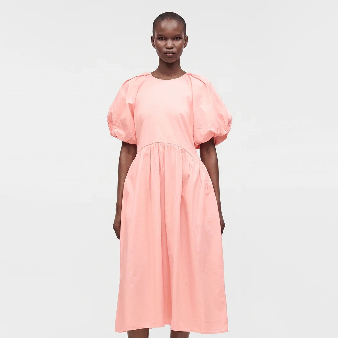 Stine Goya Gathered Raglan Sleeve Midi Dress with Ballerina Embroidery in Pink, size Small