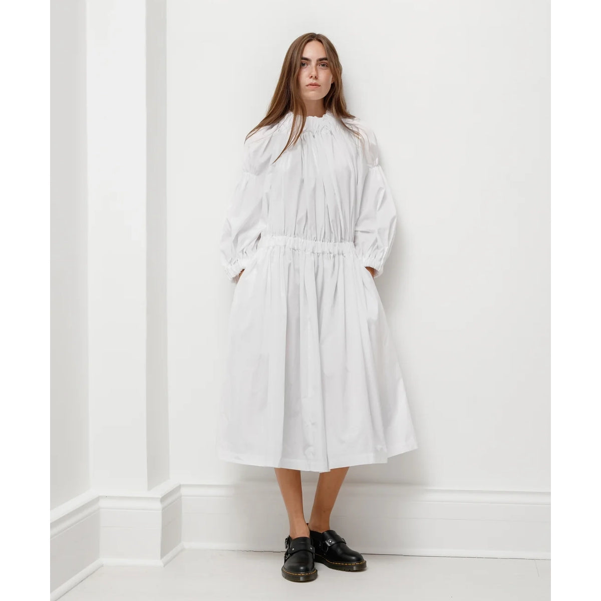 Comme des Garcons Gathered Poplin Dress in White, size XS