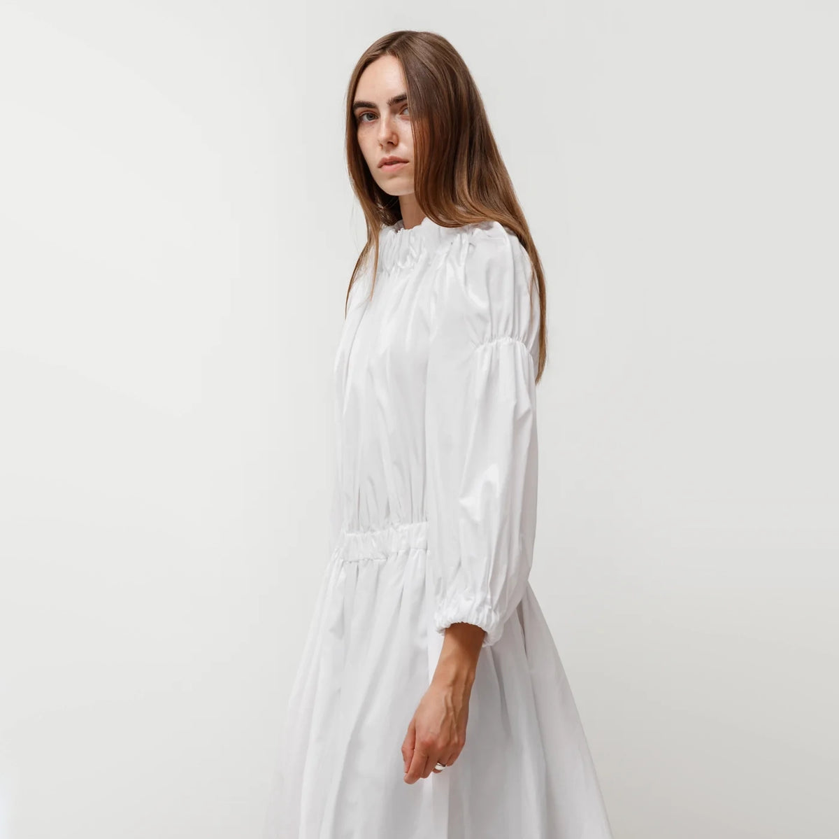 Comme des Garcons Gathered Poplin Dress in White, size XS